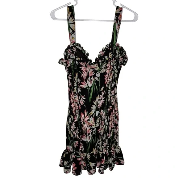 LIKELY Brand Charleigh Black Floral Smocked Mini Dress Size 8 Boho Cottagecore - Picture 2 of 8